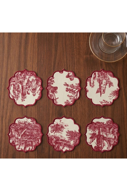 Set of 6 French Country Patterned Cocktail Napkins and Coasters - 15X15 cm Vintage Presentation Set