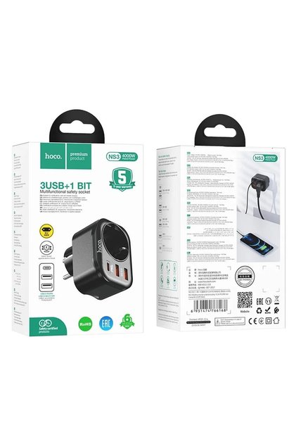 Φορτιστής HOCO USB-C PD & 2 x USB 5V/3A QC3.0 NS3 4000W Black