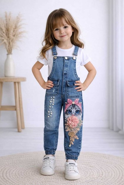 Seasonal Girls' T-Shirt and Printed Denim Salopet 2-Piece Set - Denim Overalls - Holiday Wear