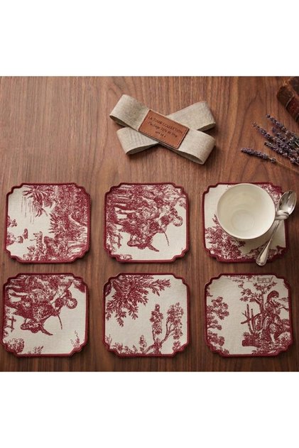 Set of 6 French Country Patterned Cocktail Napkins and Coasters - 15X15 cm Vintage Presentation Set