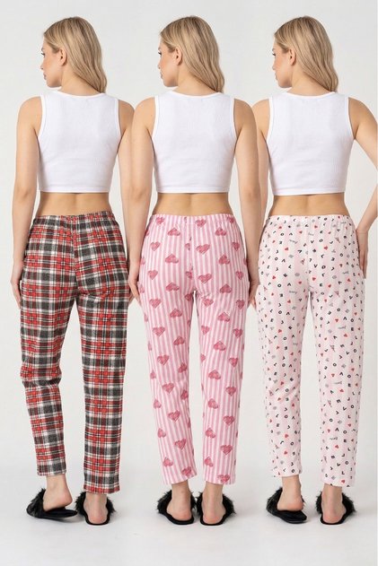 3-Piece Cotton Thin Breathable Fabric Ribbon Waist Detail Solid Pocketless Women's Pajama Bottoms