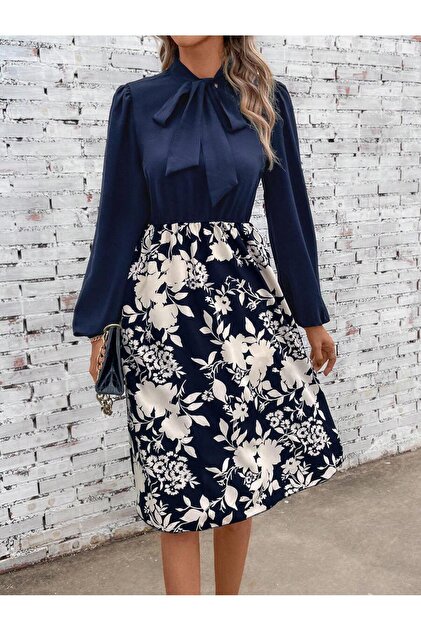 Iuliashop Short Dress Shiro Navy Blue with Cream Floral Print - XS- Trendyol