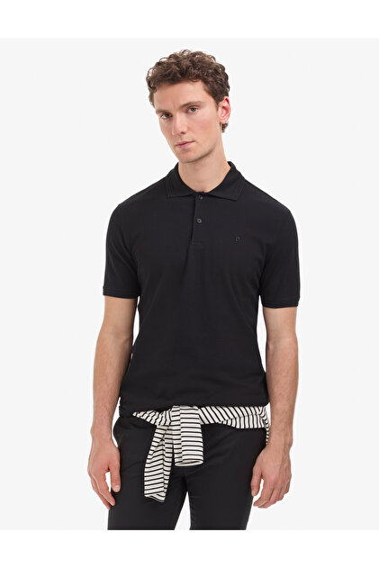 Black Regular Fit 100% Cotton Non-Curling Buttoned Polo Collar Basic T-Shirt 50325312-Vr046