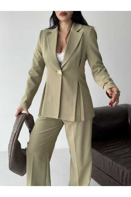 Blazer Jacket Wide Leg Pants Set Gold Button Detail