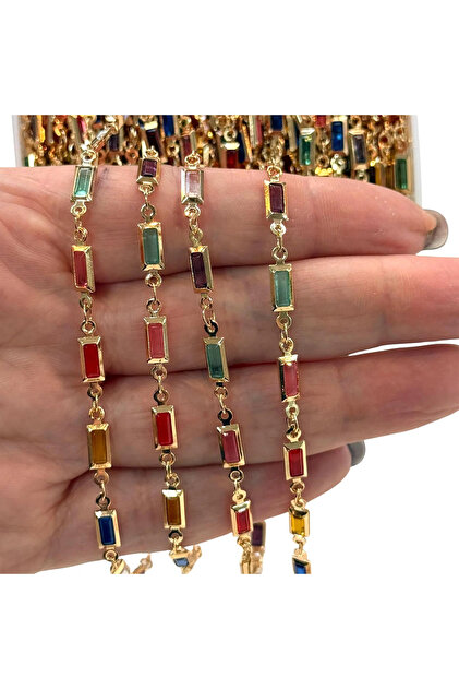 Gold Kaplama Baget Model 50cm Y Kolye Bileklik Kolye Yapımı İcin Çelik Kararmaz Renkli içi Cam Taşlı