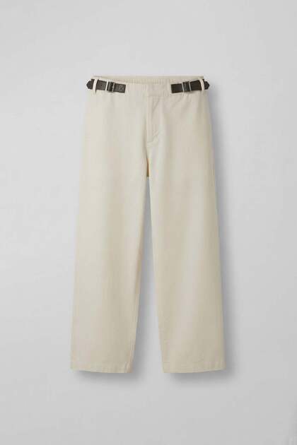Men's Baggy Fit Buckle Belt Detailed Linen Trousers Beige