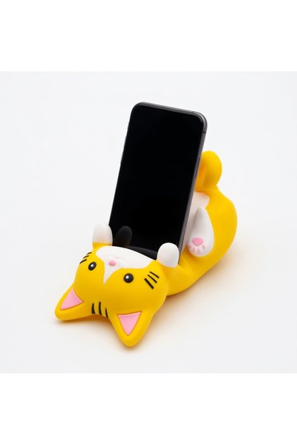 Sarı Kedi Figürlü Telefon Tutucu Stand - 3D Baskı Ofis Masaüstü Aksesuarı ve Biblo