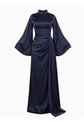 navy blue satin dress zara Chic Long Sleeve Prom Dresses Blue Sweetheart Evening Dresses Floral A –  SELINADRESS main image 0