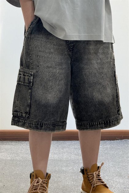 Black Washed Baggy Shorts with Cargo Pocket Detail
