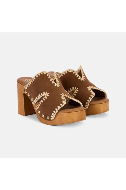 Women's Tan Ethnic Stitching Detailed Suede Platform Heeled Slippers