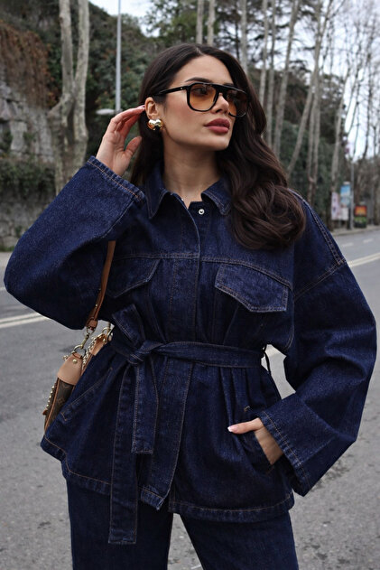 Kadın Bağlamalı Oversize Denim Ceket
