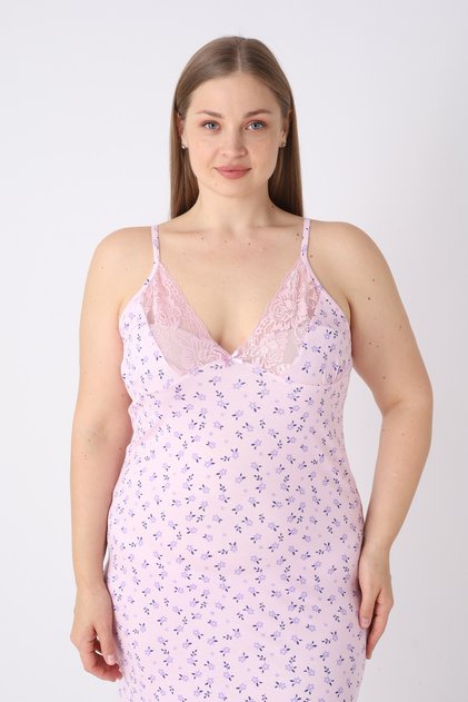 Premium Patterned Ring Viscose Soft Textured Lace Detailed Strap Home Dress & Nightgown