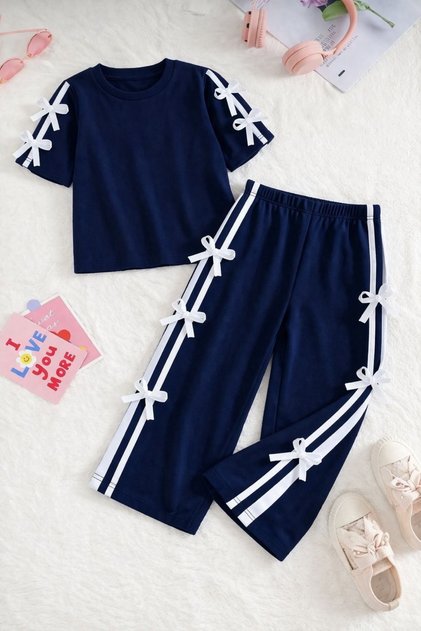 Children's New Bow T-Shirt-Sweatpants Set