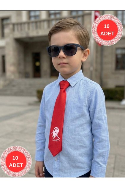 10 Pcs Ataturk Designed Red Satin Tie for Kids - Matching for Girls / Boys
