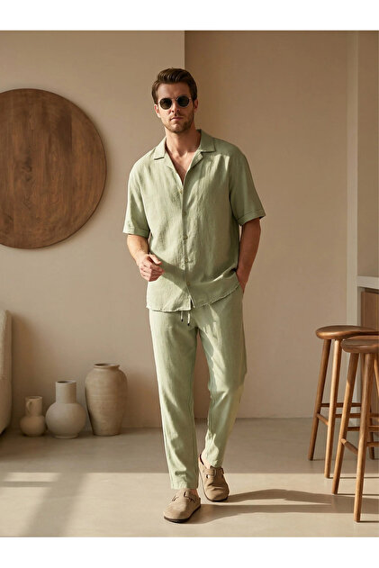 Men's Short Sleeve Shirt & Boyfriend Pants Green Bottom Top Linen Set Ls-6716
