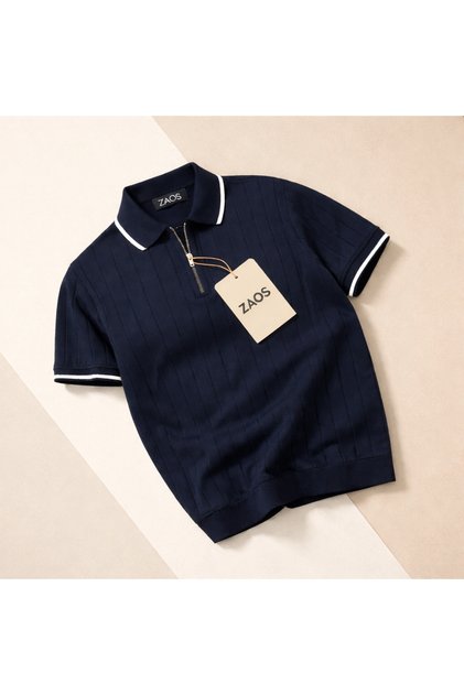 Men's Poloyaka Zippered Polyemid Knitwear T-Shirt Comfortable Quality Textured Striped Basic Legend T-Shirt