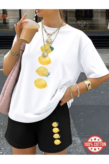Unisex Women'S/Men's White Color Lemon Printed Shorts T-Shirt Set