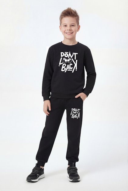 Round Neck Dont Look Print Detailed Boys' Tracksuit Set