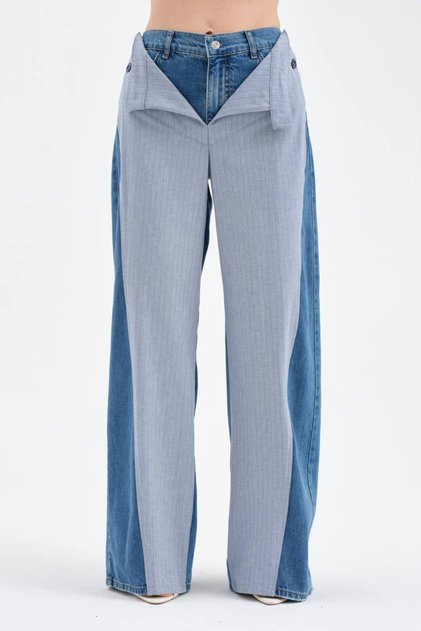 Women's Front Linen Fabric Double-Piece Look Design Jeans