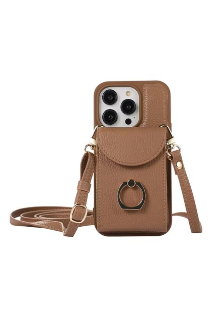 iPhone 11 Brown Leather Wallet Case with Card Holder and Neck Strap
