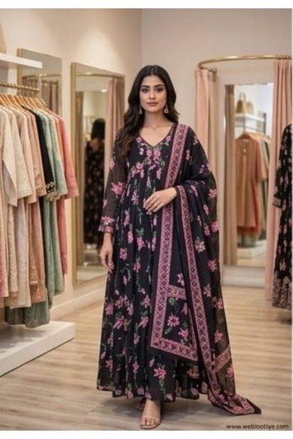 Women Floral Printed with embroidered Alia Cut Anarkali Dress with Dupatta, Premium Mal Mal Cotton