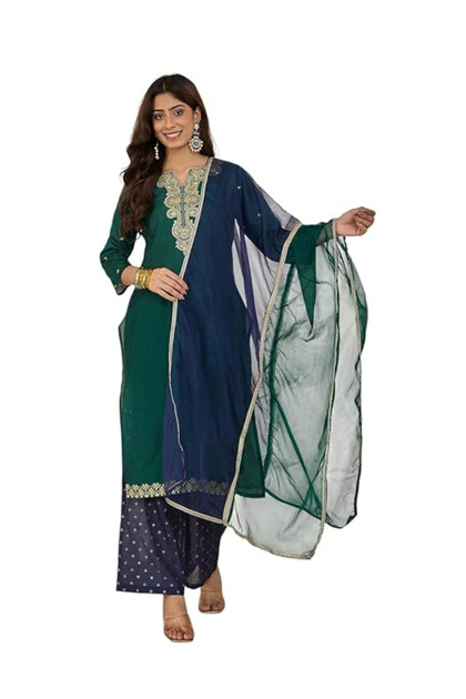 Dark Green Chanderi Silk Top Bottom & Dupatta - VRS1139 - Dark Green