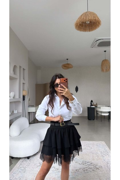 Black Crepe Fabric Layered Skirt with Lace Detail and Belt
