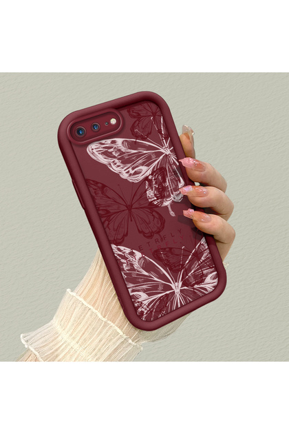 iPhone 7 Plus/8 Plus Compatible Burgundy Butterfly Silicone Case with Camera Protection, Shock Absorbing, Comfortable Grip