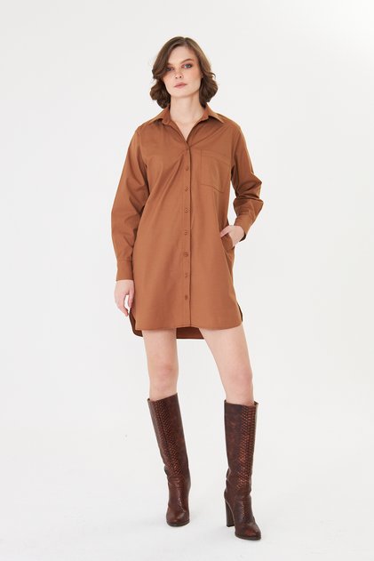 Premium Lycra Brown Shirt Dress – Cotton-Pocketed, Non-See-Through, Oversized Design