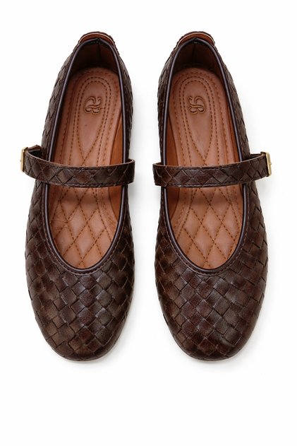 Women's Brown Knitted Ballerina Shoes with Buckle Straps, Comfortable, Daily Stylish Mary Jane Model