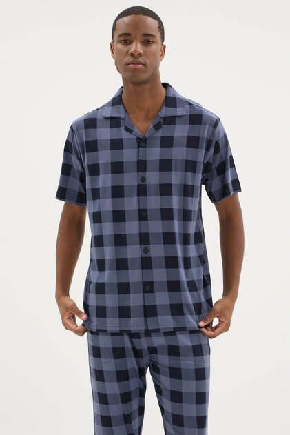 Modal/Cotton New Season Checked Buttoned Collar Men's Bottom-Top Pajama Set