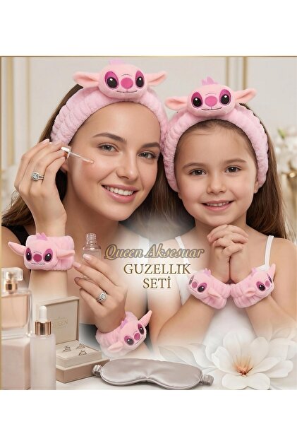 QUEEN AKSESUAR Pembe stitch Peluş 3 boyutlu 3lü Bandana Bileklik