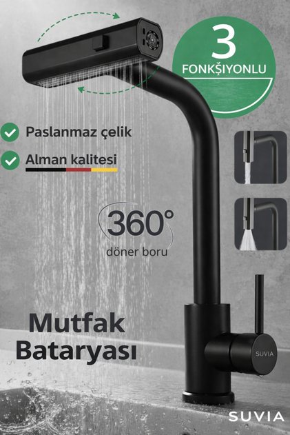 Mutfak Bataryası 3 Fonksiyonlu 360° Döner Uzatmalı Musluk Paslanmaz Çelik Çekmeli Duş Başlıklı