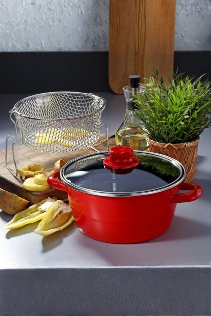 Enamel Frying Pan 22 cm Red - 3 Pieces - Induction Compatible