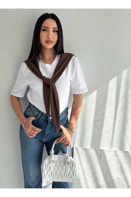 Noa Noa Women's White Basic Oversize T-Shirt with Scarf Detail Round Neck 100% Cotton
