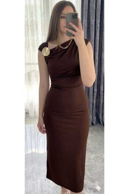 New Season Unlined Midi Length Women's Dress with Shoulder Buckle Detail and Side Slit