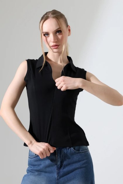 Women's Shirt Collar Sleeveless Blouse Hidden Zipper Ribbed Lycra Flounce Blouse