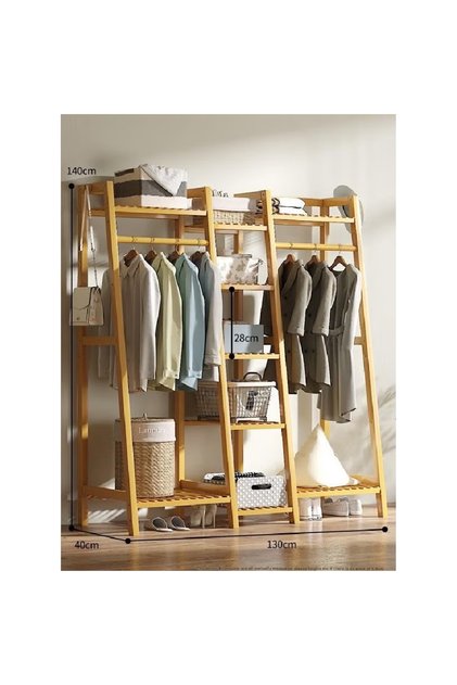 3 Tier Freestanding Wooden Clothes Rack with Shelves Open Wardrobe Storage Organizer Hanging Rods