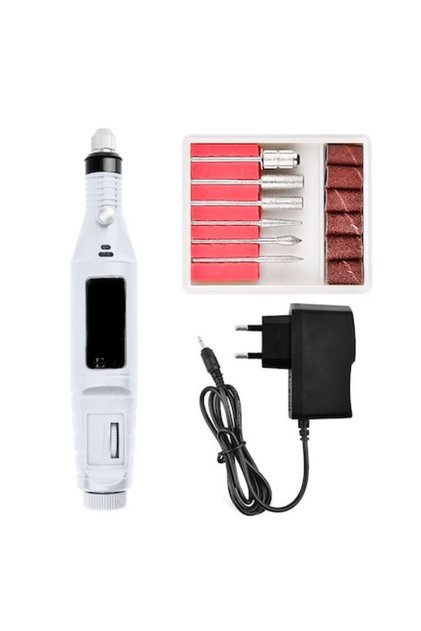 Pila freza electrica pentru unghii, 12 accesorii incluse: 6 capete de freza + 6 inele smirghel. Culoare ALB / ROZ