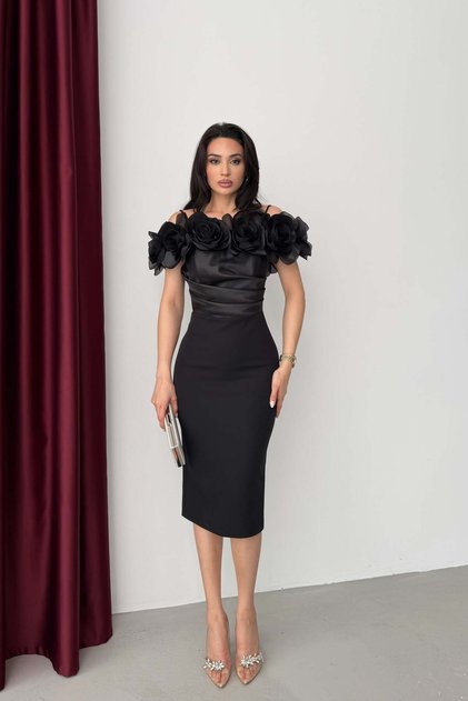 Black Collared Midi Evening Dress with Rose Detail on the Strap