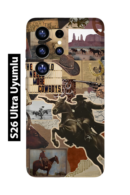 Samsung Galaxy S26 Ultra Compatible Cowboy Western Collage Pattern Transparent Phone Case