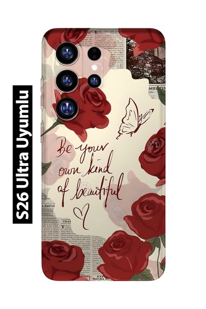 Samsung Galaxy S26 Ultra Compatible Red Rose Patterned Transparent Phone Case