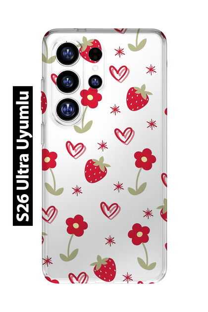 Samsung Galaxy S26 Ultra Compatible Strawberry and Heart Pattern Transparent Phone Case