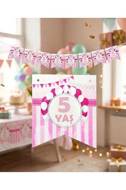 Pink 5 Year Old Pennant 10-Piece Paper Flag Patterned Birthday Pennant (Pennant Flag: 17X15Cm, Ribbon: 2m)