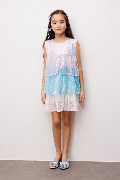 Lila Pailletten-Mehrlagenkleid ohne Ärmel für Mädchen - Lily