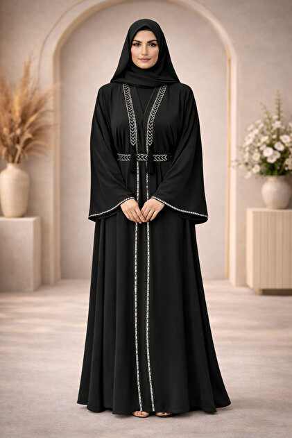 Elegant Black Modest Abaya with Braided Belt Design – Premium Islamic Maxi Dress for Women
