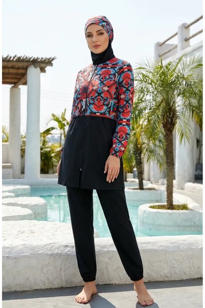 Adjustable Zippered Hijab Swimsuit with Bonnet Gift 1907-03 Mercan
