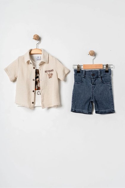 Baby Boy 100% Cotton Squirrel Embroidered Shirt, T-Shirt and Shorts Set - 6-24 Months
