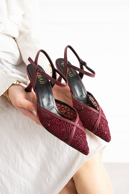 Laceva Women's Burgundy Lace Detailed Pointed Toe 6 cm Heeled Slingback Shoes