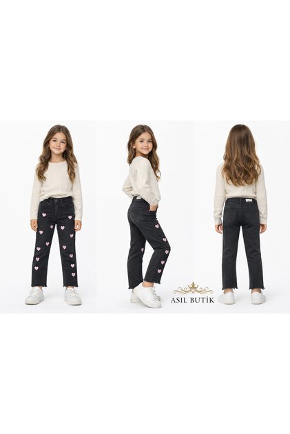 Kız Çocuk Kalp Nakışlı Mom Jean Pantolon